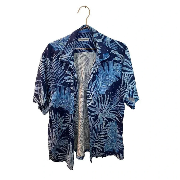 Tommy Bahama Blue Floral Print Hawaiian silk shirtSize XL